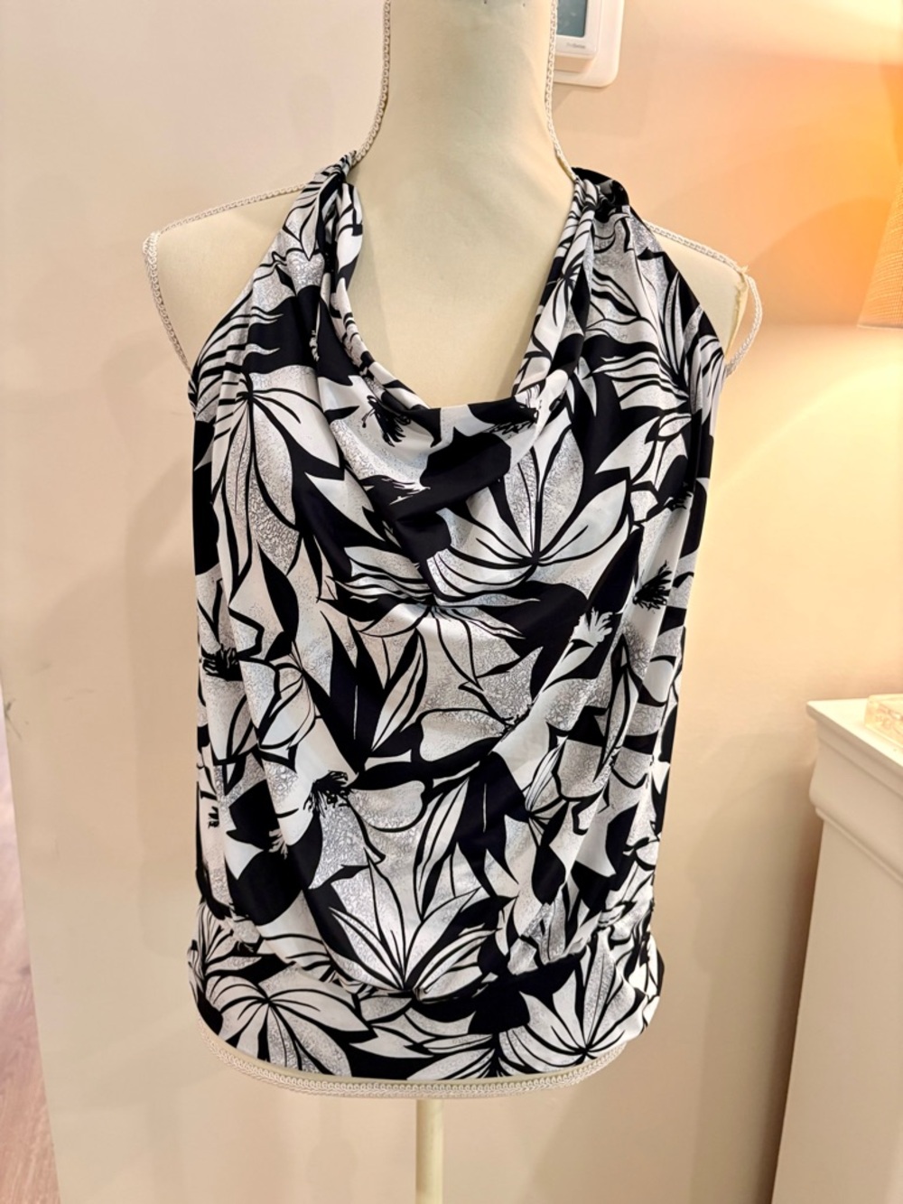 Swimsuits For All Black and White Floral Halter Cowl Camisole